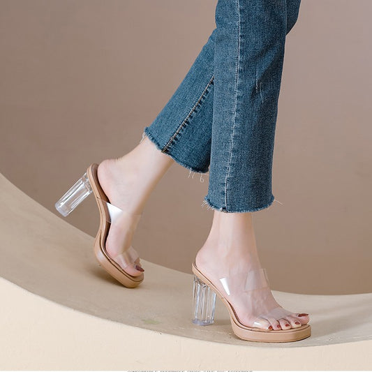 Women's Transparent High Summer Platform Crystal Chunky Heels