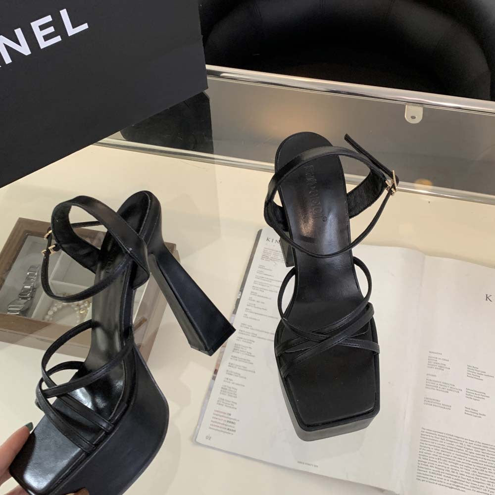 Platform Nightclub Sexy Square Head Buckle Heels