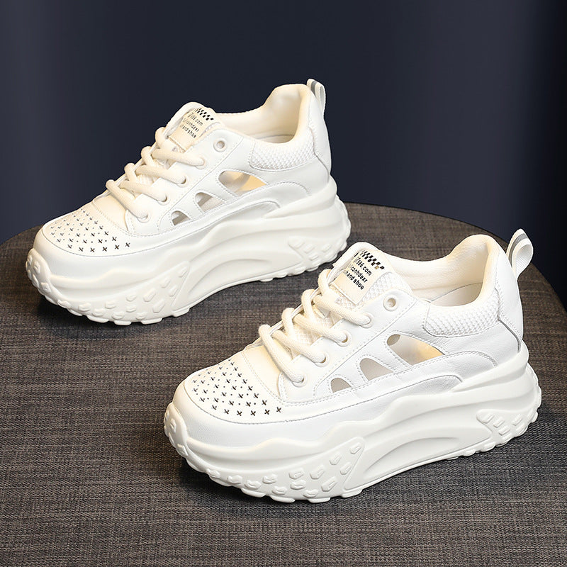 Women's Hollowed White Summer Height Increasing Insole Casual Shoes