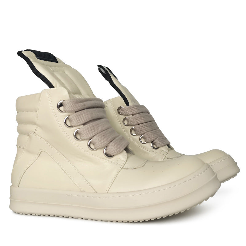 Men's Cowhide Inverted Triangle Wide Shoelace Thick Boots