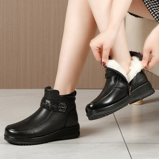 Integrated Fleece-lined Thickened Warm First Layer Cowhide Snow Boots