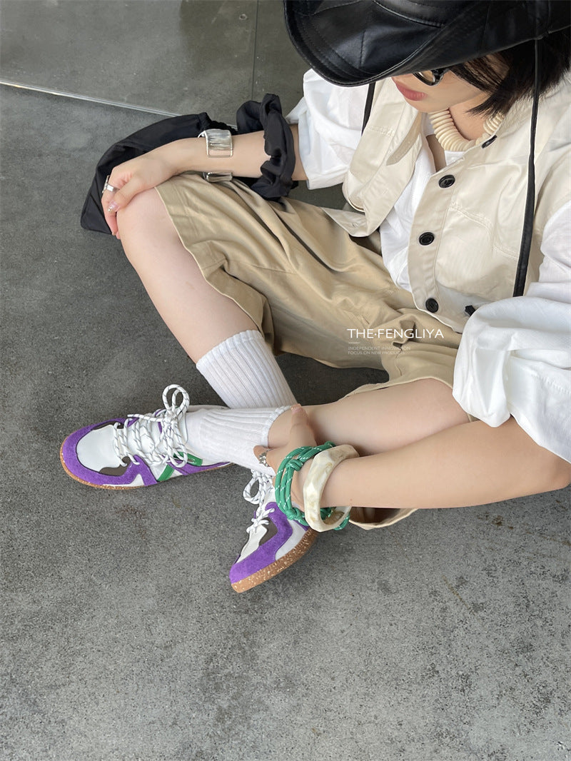 Women's Retro Stitching Tied Flat Color Matching German Training Sneakers