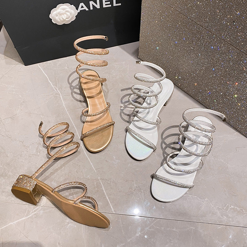 Women's Snake-shaped Summer Chunky Open Toe Roman Heels