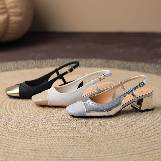 Women's Toe Chunky Square Sheepskin Mid Color Heels
