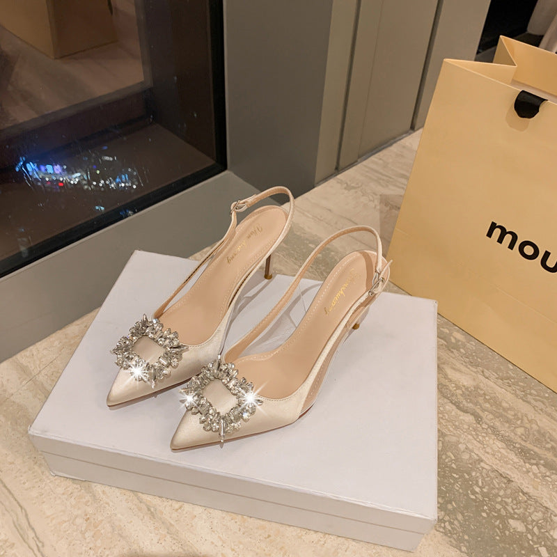 Toe Rhinestone Square Buckle Stiletto Pointed Heels