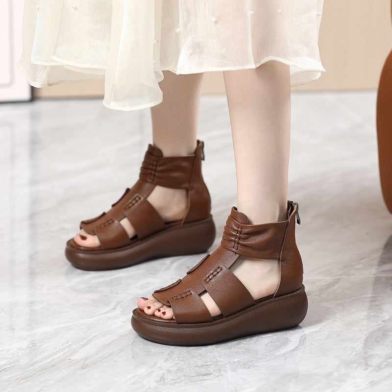 Women's Back Zipper Summer First Layer Cowhide Soft Bottom Sandals