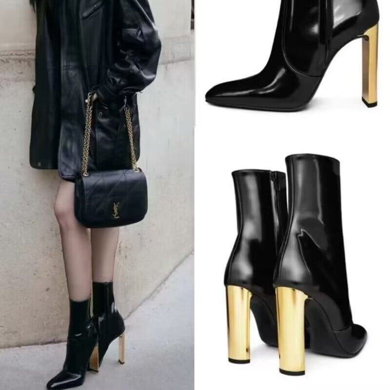 Mirror Patent Pointed Ankle Side Zip Cowhide Heels
