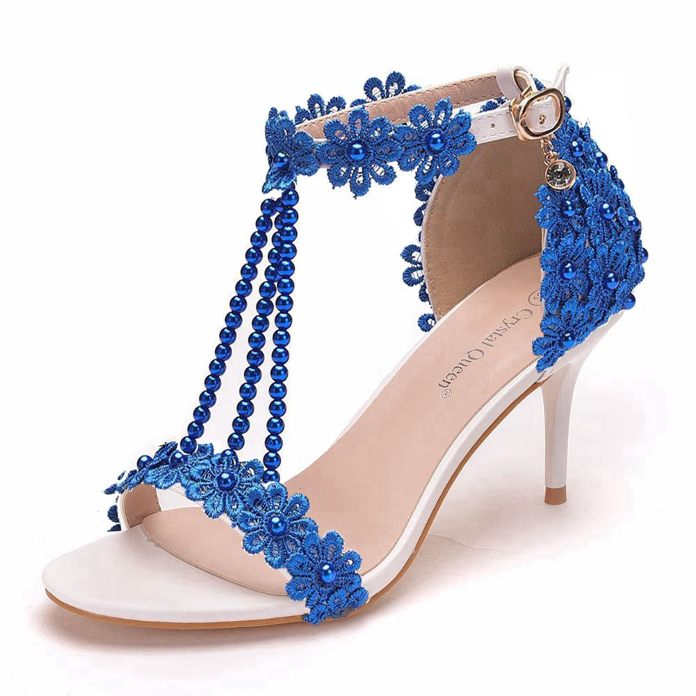 Strap Stiletto Beaded White Lace Flower Heels