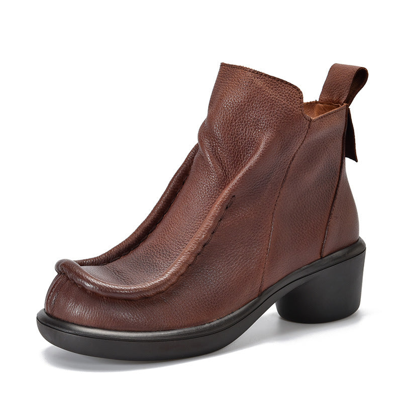 Women's Promotion Price Ladies Genuine Retro Chunky Leather Shoes