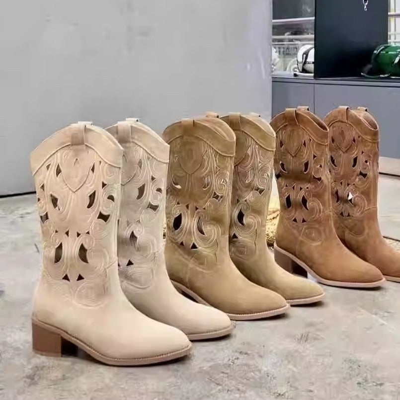 Ethnic Style Retro Fashion Hollow Embroidery Breathable V Cut Boots