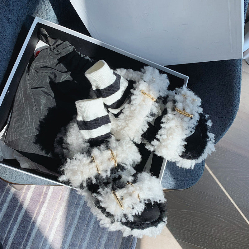 Open Toe Fluffy Outer Wear Platform Sandals