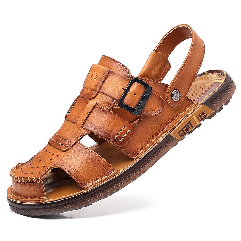 Men's Toe Outer Wear Genuine Beach Driving Full Cowhide Soft Sandals