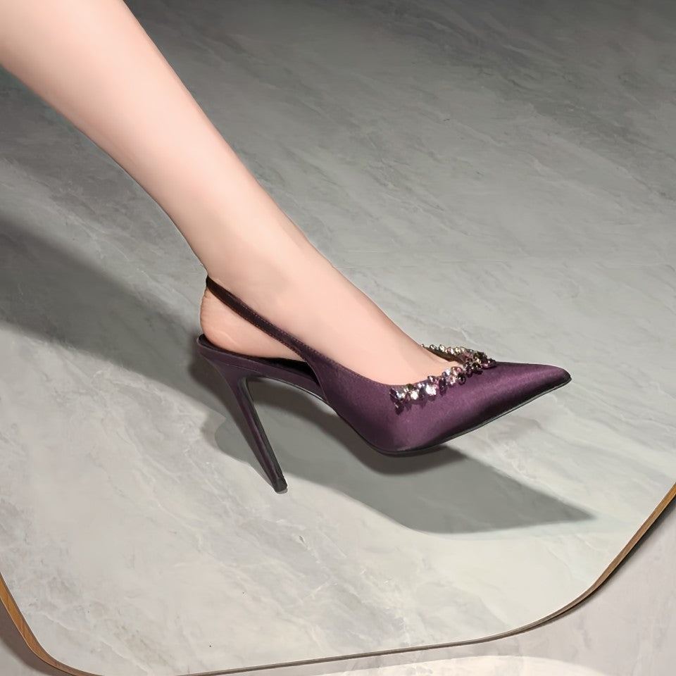 Women's Rhinestone Purple Satin Buckle Sexy Pointed Heels