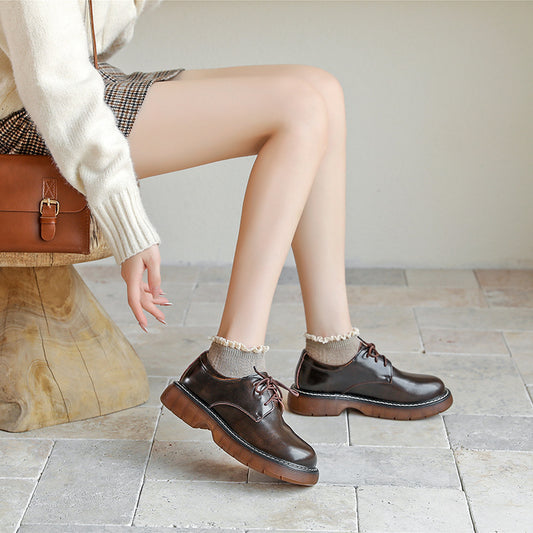 Women's Small British Style Chunky Front Black Casual Shoes