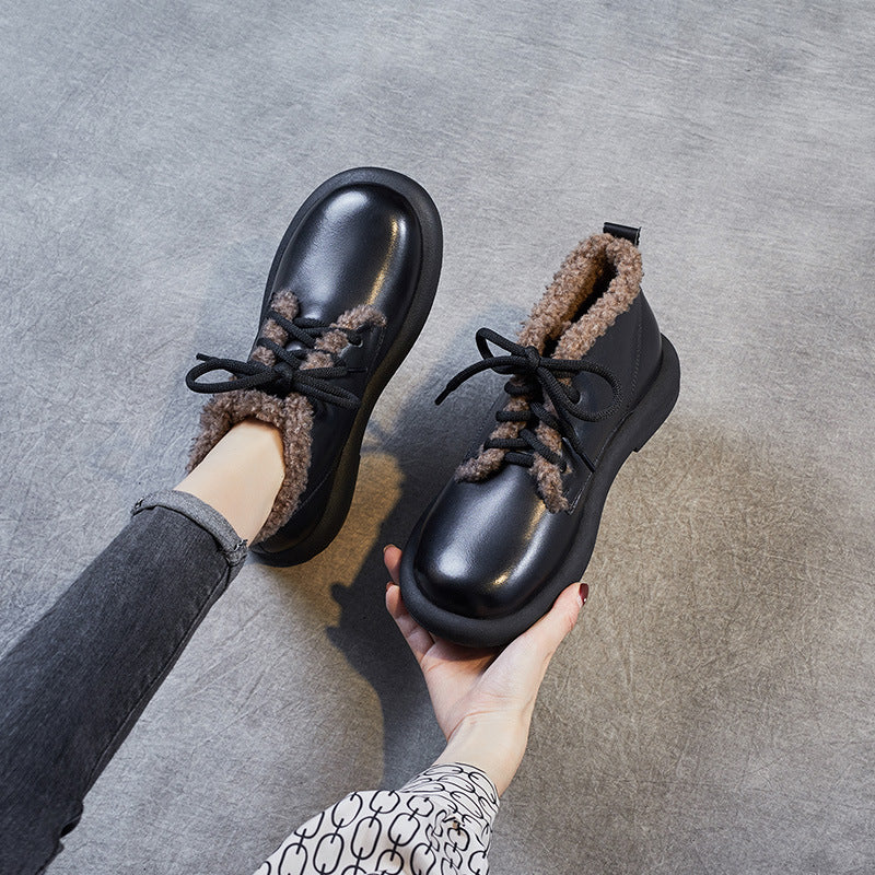 Women's First Layer Cowhide Winter Vintage Fleece-lined Women's Shoes