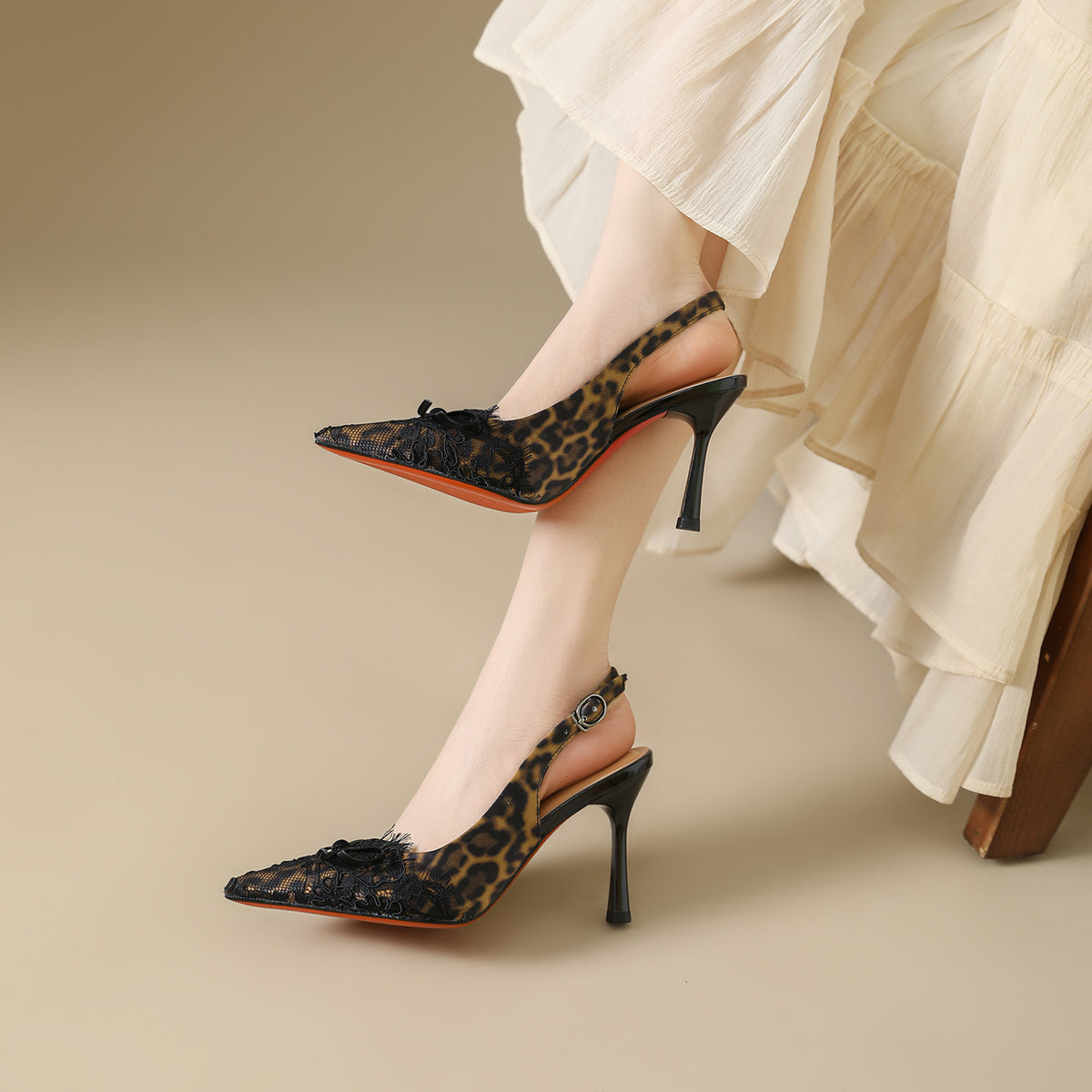 Women's Print Lace High-heeled Pointed Toe Slingback Stiletto Women's Fashion Shoes