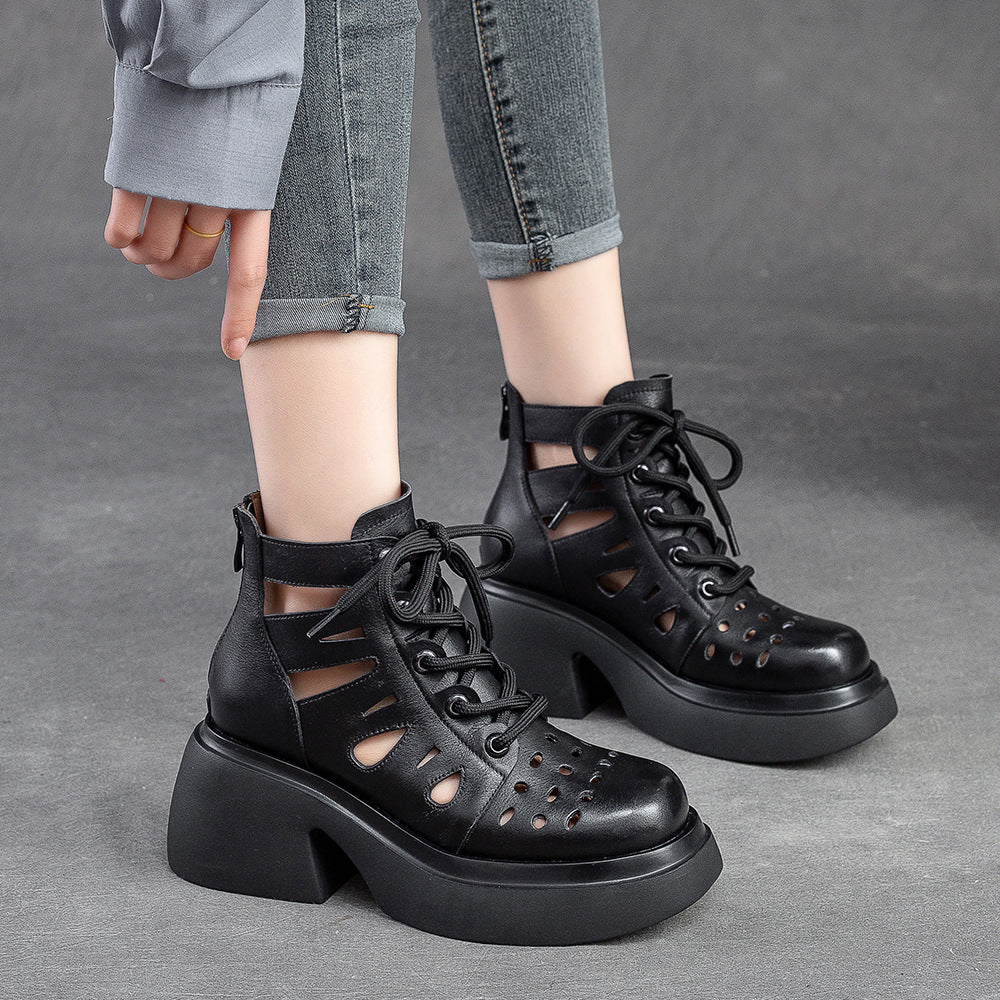 Women's Breathable Hole Front Top Layer Cowhide Heels
