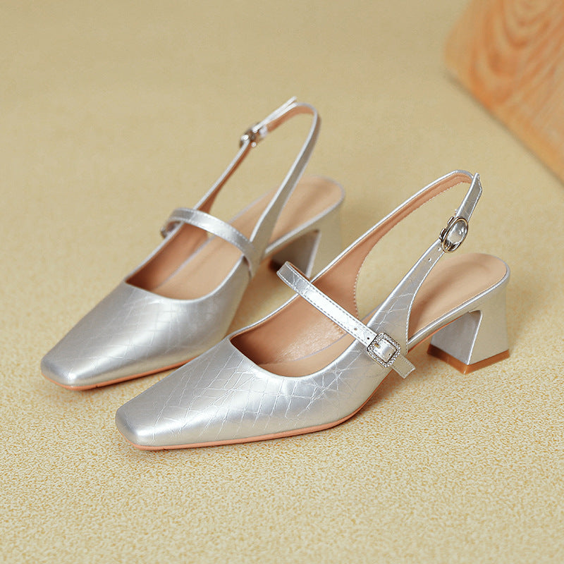 Women's French Mary Jane Closed Toe Chunky Heels