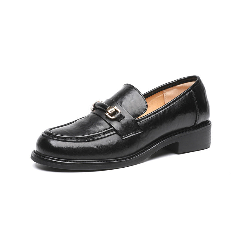 Buckle One Pedal Flat Bottom Pumps Female British Leather Shoes