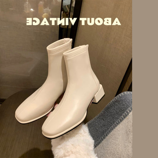 Women's Skinny Vintage Fleece-lined Square Toe Chunky Boots
