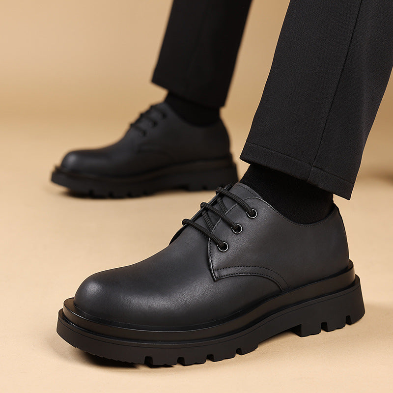 Men's Matte Polished Black Big Head Derby Retro Trendy Men's Casual Leather Shoes