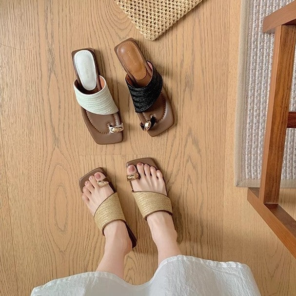 Women's Sheepskin Version Genuine Chunky Vacation Style Straw Flip-flops Summer Heels