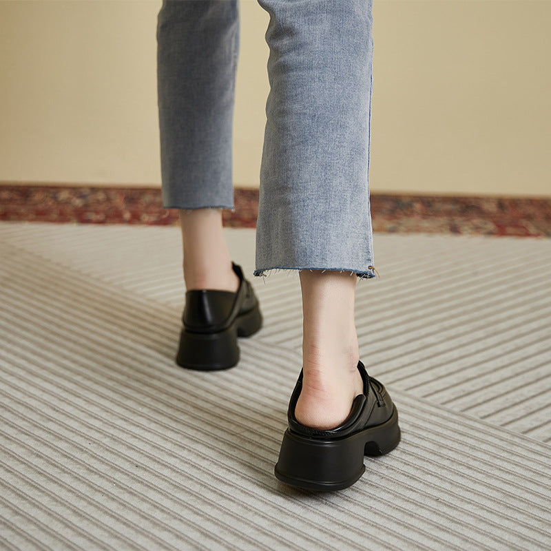Women's Style Platform Retro Round Toe Genuine Loafers