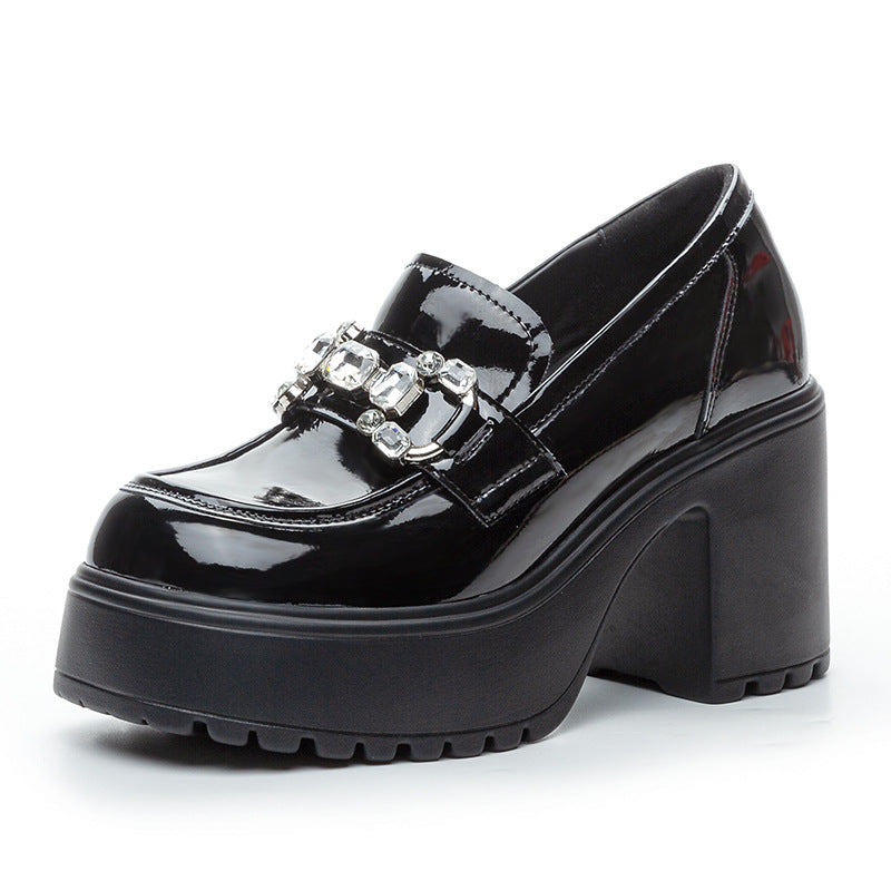 Women's Heightening Pad Platform Slip-on Black Rhinestone Loafers