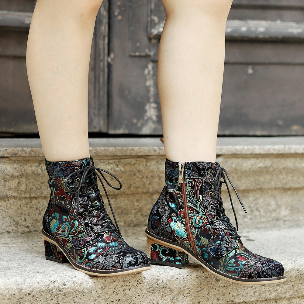Women's Retro Printed Chinese Style Embroidery Stitching Boots