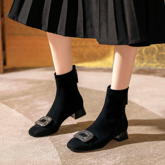 Women's Square Toe Suede Short Thick Middle Boots