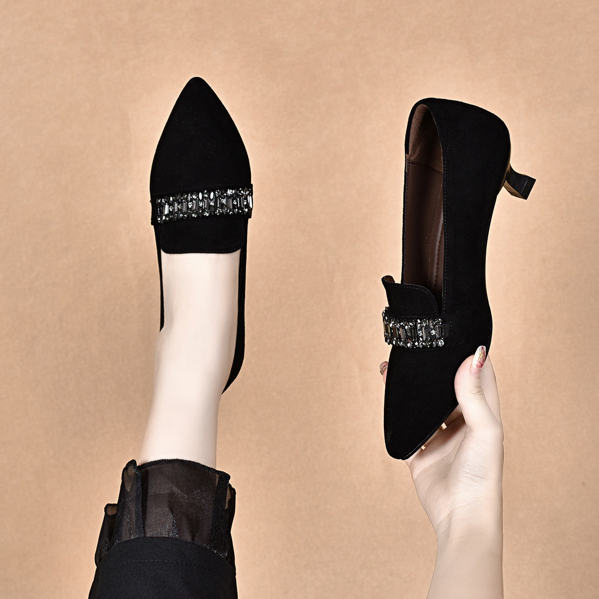 Women's Rhinestone Black Sheepskin Low-cut High Two Kinds Of Height Loafers