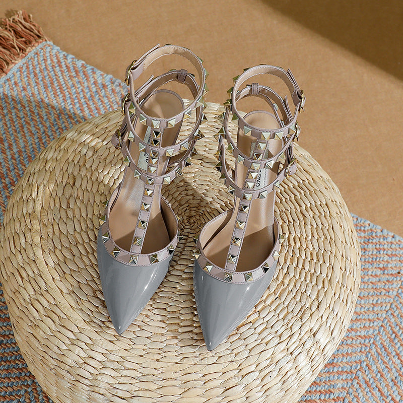 Women's Pointed Toe Cap Rivet Nude High Heels
