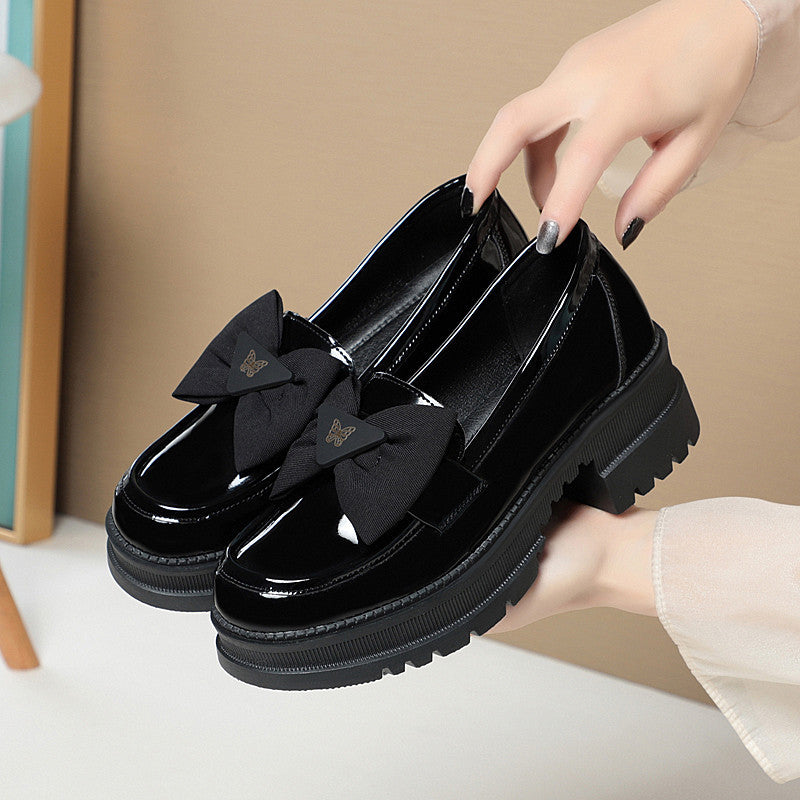 Women's Patent Bow Pumps Chunky Platform British Loafers