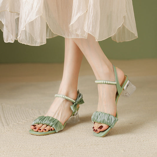 Fairy Style Pearl Bow Strap Transparent Heels