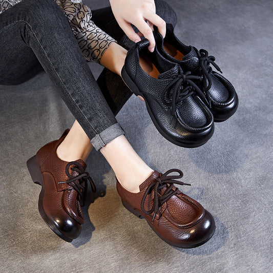 Women's Retro Cowhide Handmade Genuine Lace Up Round Toe Casual Shoes