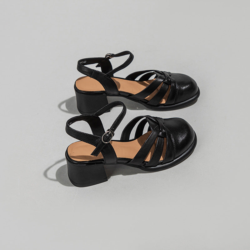 Women's Mid Weaving Hollow Closed Toe Mom Sandals