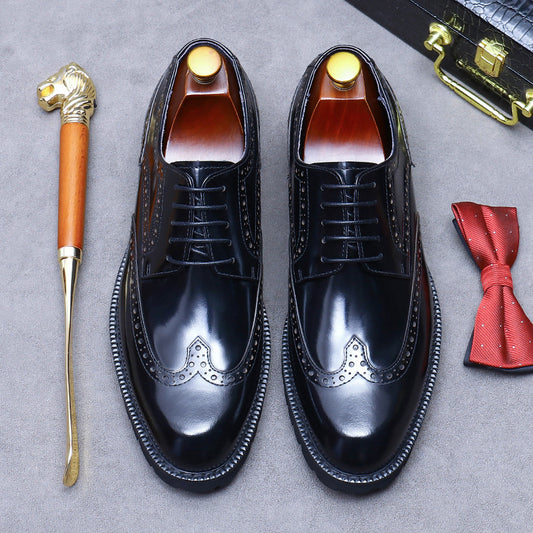 Men's Glossy Cowhide Business Genuine Thick Bottom Round Toe Leather Shoes