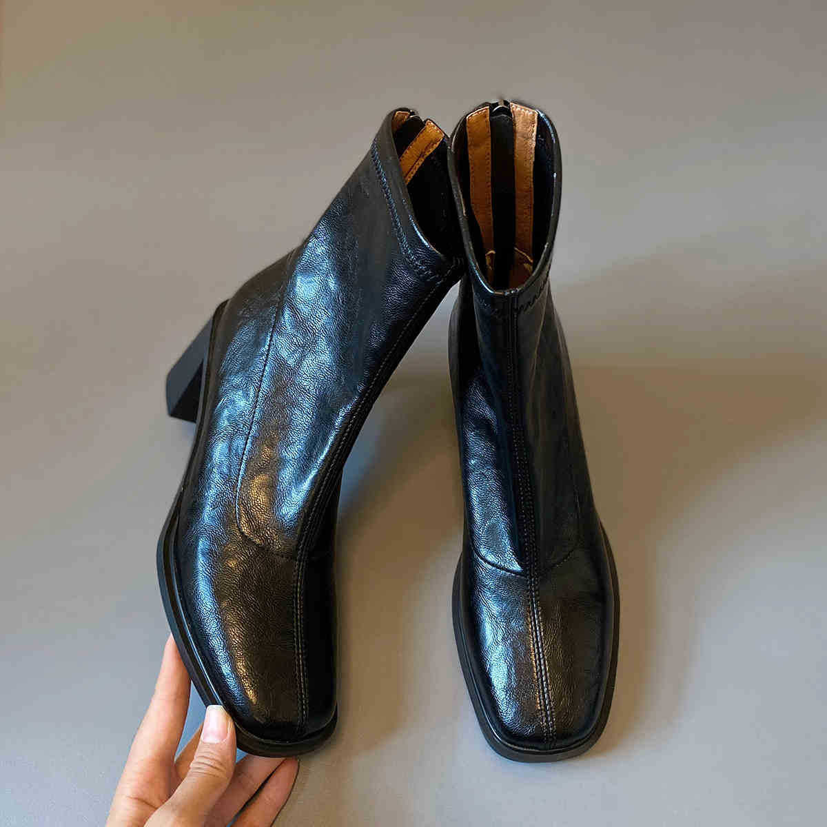 Women's High Mute Square Toe Skinny Ankle Thick Vintage Martin Heels