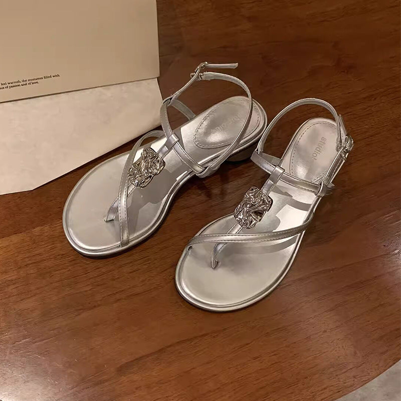 Women's Vacation Style Thin Strap Metal Buckle Chunky Heels