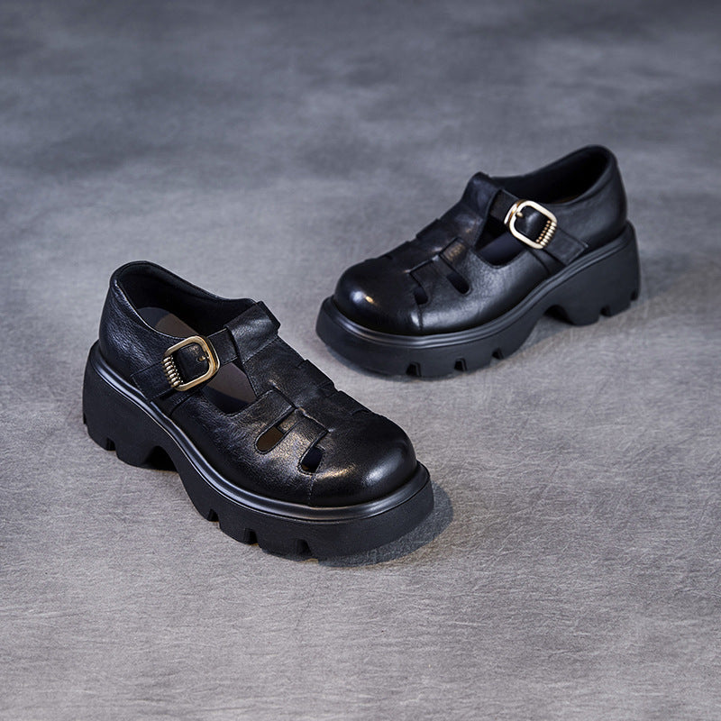 Cowhide Hollow Roman Muffin Thick Bottom Toe Cap Woven Sandals