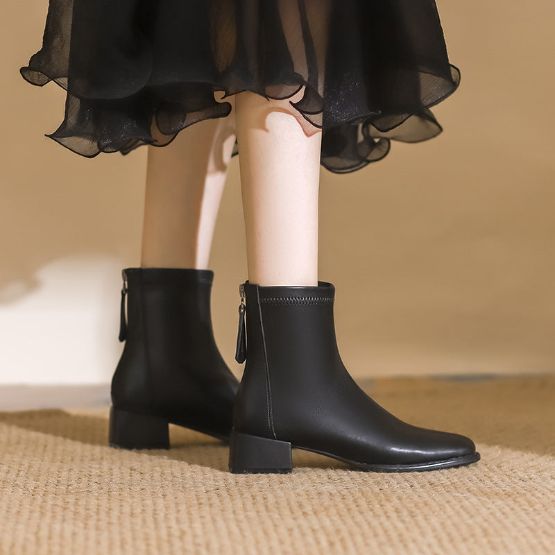 Women's Toe Chunky Short Back Zipper Skinny Boots