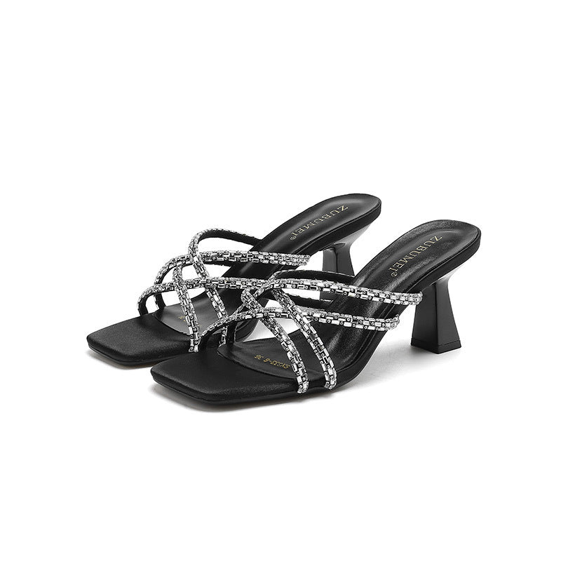 Women's Rhinestone High-heeled Summer Square Toe Wine Cup High Heels