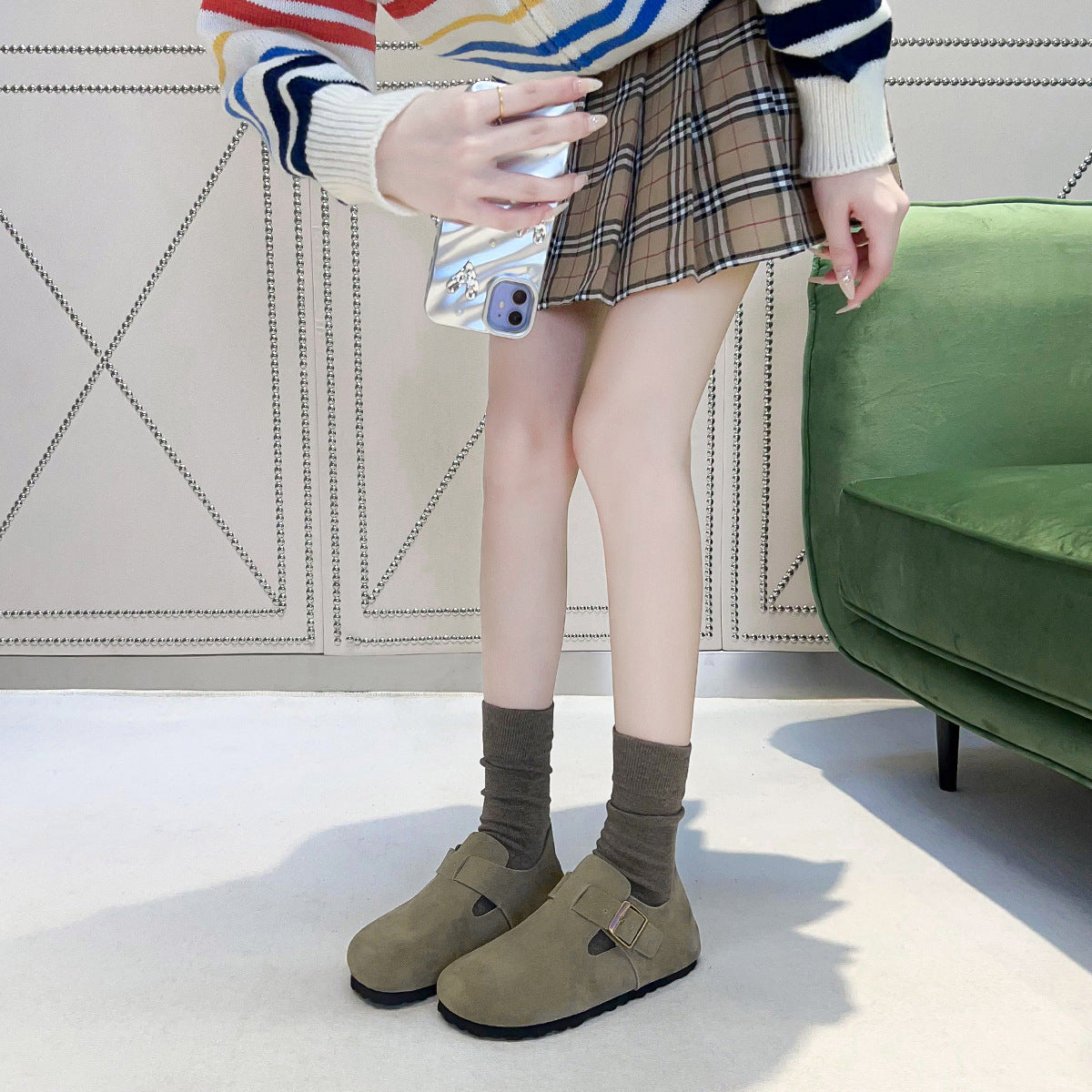 Gray Green Cow Suede Genuine All-inclusive Leisure Women's Casual Shoes