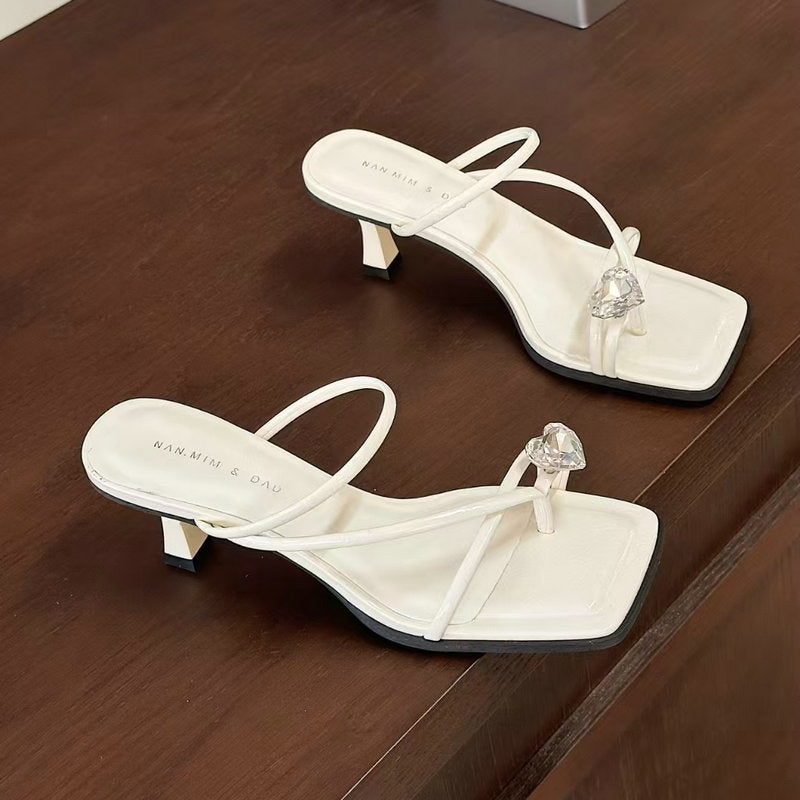 Women's Heart-shaped Rhinestone Stiletto Outer Wear Fairy Square Heels