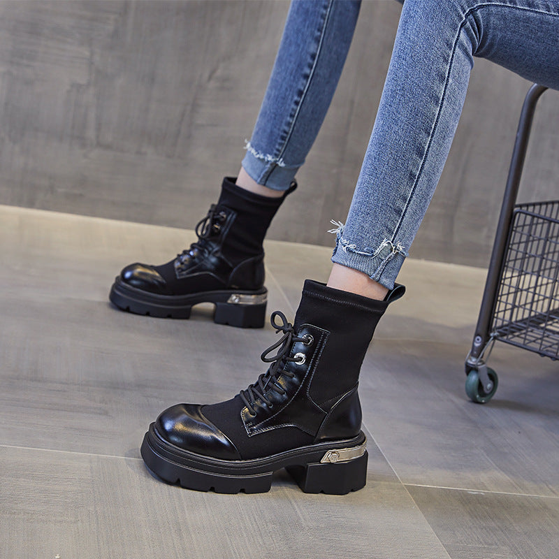 Women's Style Round Toe Vintage Black Chunky Boots