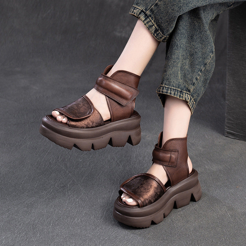Women's Cowhide Summer Platform Hollow Breathable National Style Fish Sandals