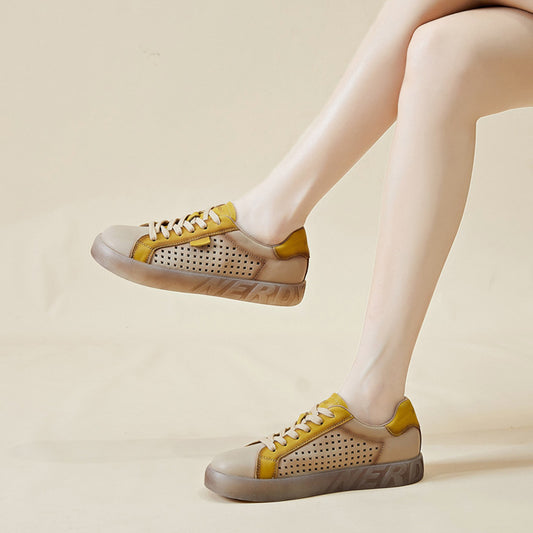 Women's Genuine Flat Hollowed Tendon Bottom Retro Breathable Soft Sneakers