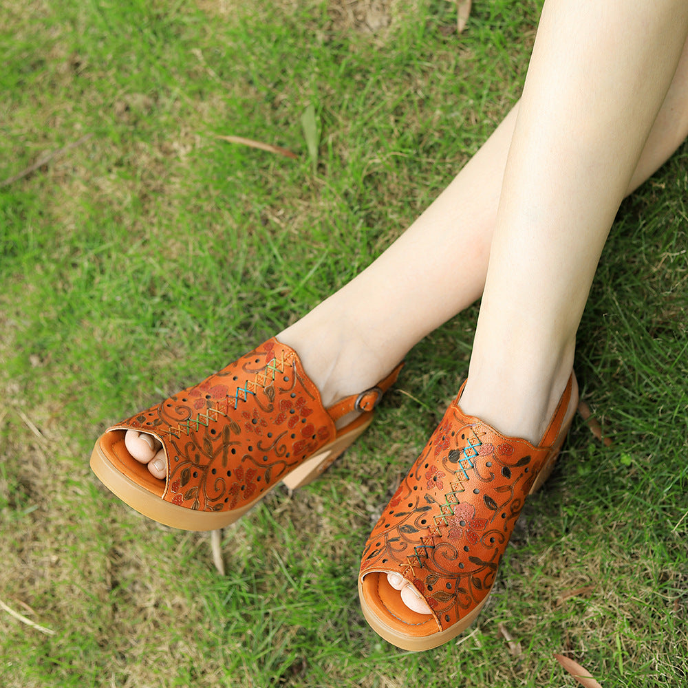 Color Printed Hollow Comfort Chunky Buckle Heels