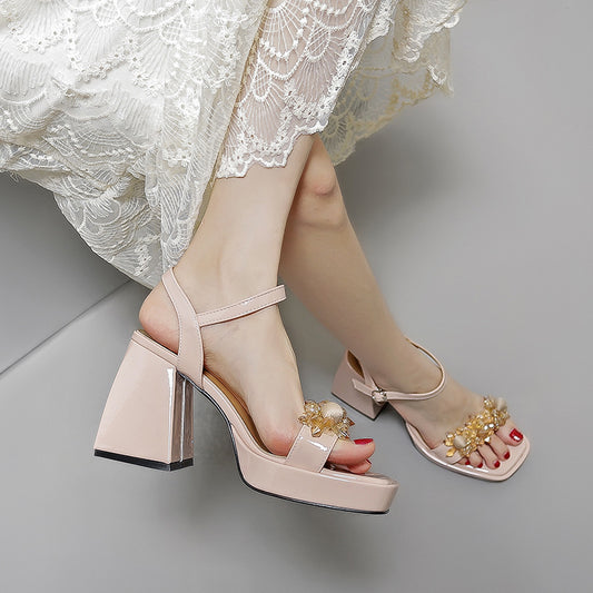 Women's Summer Versatile Patent Open Toe Chunky Platform Heels