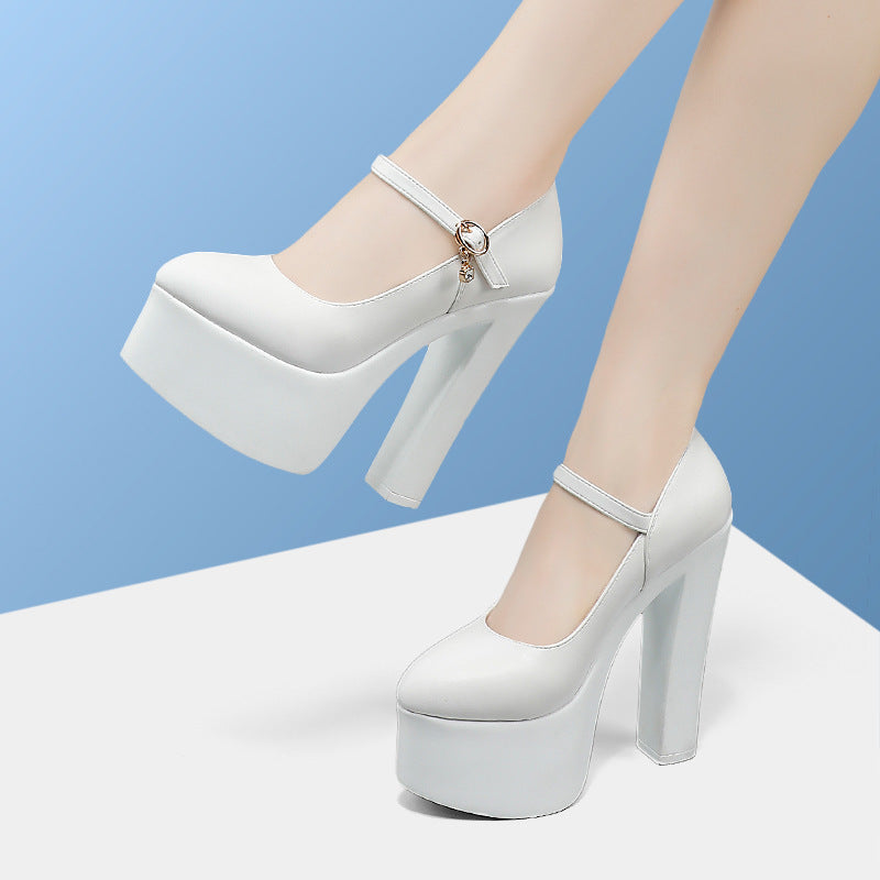 Women's Roll Chunky Waterproof Platform High Model Catwalk Show Genuine Workplace Heels